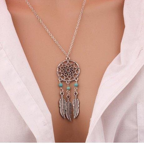 Boho Dream Catcher Feathers and Turquoise Necklace